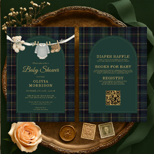 Geruite groene teddybeer All-in-One babyshower Kaart