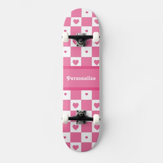 Geruite Hart Vierkantjes Patroon Roze en Wit Skateboard (Voorkant)