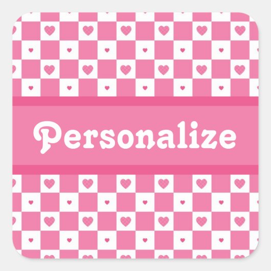 Geruite Hart Vierkantjes Patroon Roze en Wit Vierkante Sticker (Voorkant)