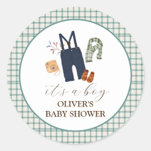 geruite jongenskleren Baby shower Ronde Sticker