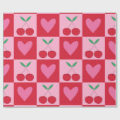 Geruite kersen met roze harten patroon cadeaupapier (Vlak)
