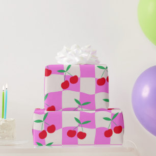 Geruite kersen op roze vervormde damborden  cadeaupapier