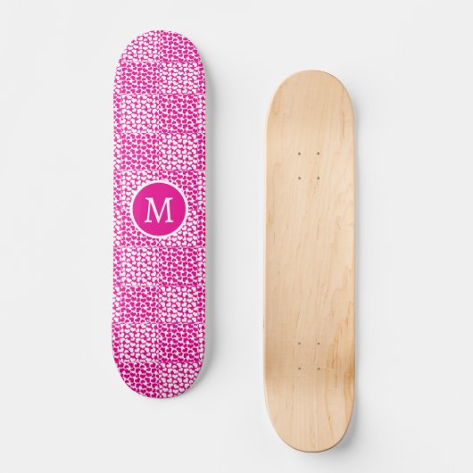 Geruite liefde in magenta en wit monogram skateboard (Voorkant)