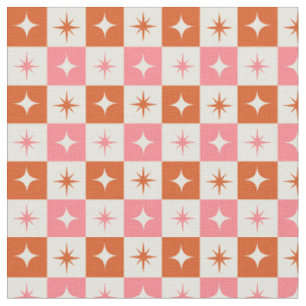 Geruite mid-century atoomsterren roze oranje stof