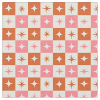Geruite mid-century atoomsterren roze oranje stof