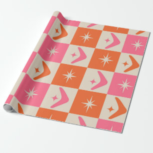 Geruite mid-century boemerangs roze en oranje cadeaupapier