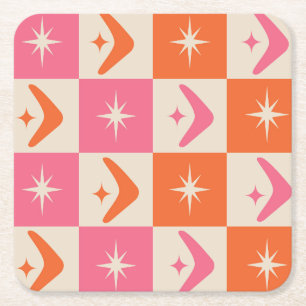 Geruite mid century boemerangs roze en oranje vierkante kartonnen onderzetter