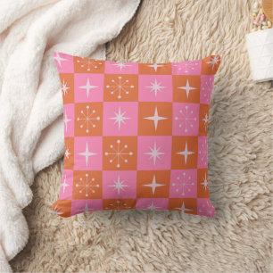 Geruite mid-century stervormen in roze oranje kussen