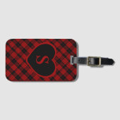 Geruite Monogram Kerst Rode Buffel Plaid Bagagelabel (Voorkant (horizontaal))