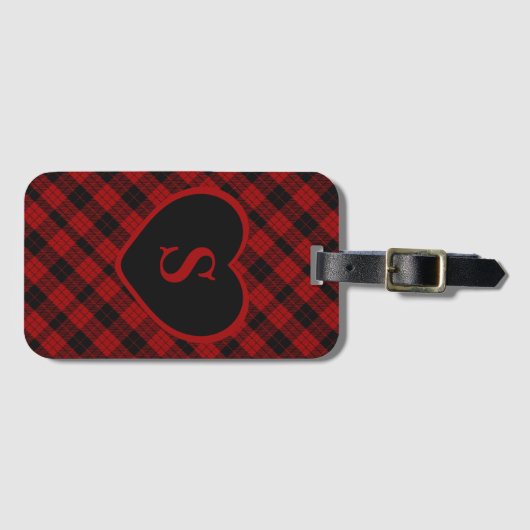 Geruite Monogram Kerst Rode Buffel Plaid Bagagelabel (Voorkant (horizontaal))