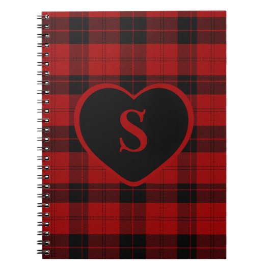 Geruite Monogram Kerst Rode Buffel Plaid Notitieboek (Voorkant)