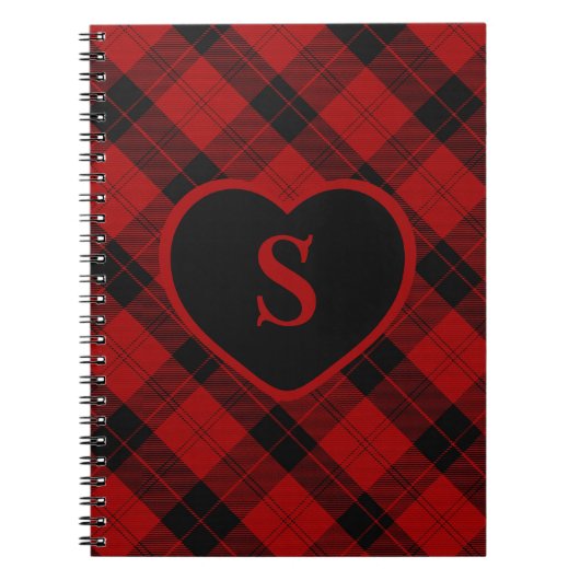 Geruite Monogram Kerst Rode Buffel Plaid Notitieboek (Voorkant)