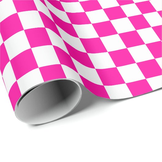 Geruite neon roze en wit cadeaupapier (Rol Hoek)