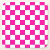 Geruite neon roze en wit vierkante kartonnen onderzetter (Voorkant)
