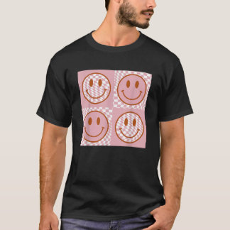 Geruite Patroon Gelukkig Gezicht Retro Roze Glimla T-shirt