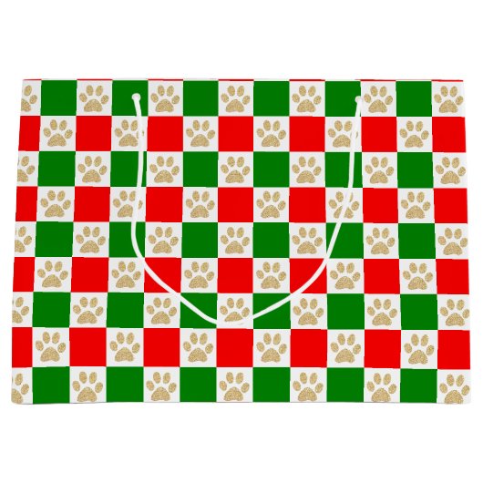 Geruite Paw Prints Rood en Groen Kerstmis Groot Cadeauzakje (Voorkant)