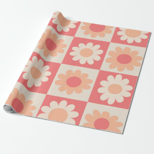 Geruite Perzik Fuzz Retro Bloemenpatroon Cadeaupapier