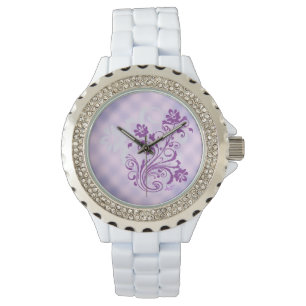 Geruite PurpleFloralSwirl White Rhinestone Watch Horloge