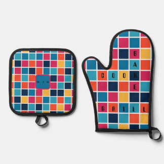 Geruite Puzzel Oven Mitt en Pot Houders Ovenwant & Pannenlap Set