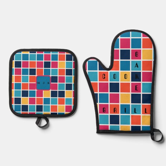 Geruite Puzzel Oven Mitt en Pot Houders Ovenwant & Pannenlap Set (Voorkant)