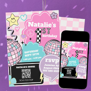 Geruite Retro Groovy Disco 1e verjaardag Kaart