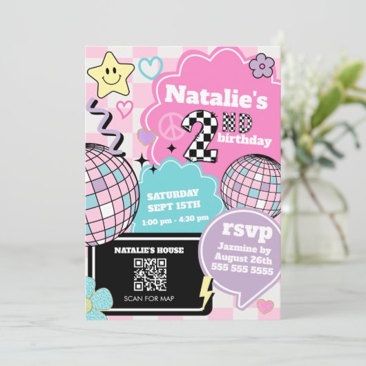 Geruite Retro Groovy Disco 2e Verjaardagsfeest Kaart (Staand voorkant)