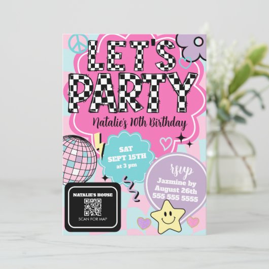 Geruite Retro Groovy Disco Let's Party Verjaardag Kaart (Staand voorkant)