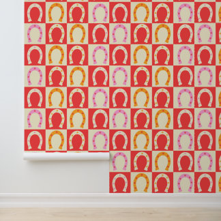 Geruite Retro Hoefijzer in Oranje rood en Roze Behang