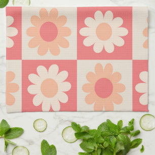 Geruite Retro Perzikdons Bloemenpatroon Theedoek