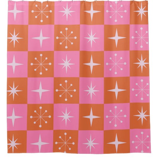 Geruite Retro Starbursts Roze en Sinaasappel Douchegordijn (Voorkant)