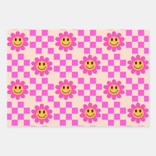 Geruite Roze Lachende Bloemen met vierkanten  Inpakpapier Vel