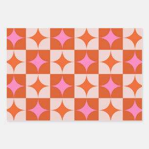 Geruite Roze Oranje Mid Century Starbursts  Inpakpapier Vel