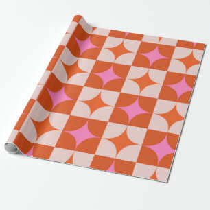 Geruite roze oranje mid century stervlagen  cadeaupapier