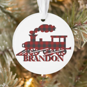 Geruite trein gepersonaliseerd ornament