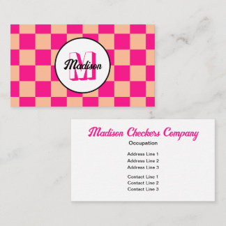 Geruite vakken perzik hete roze retro monogram visitekaartje