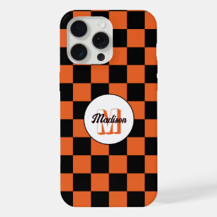 Geruite vakken zwart en oranje retro Monogram iPhone 15 Pro Max Hoesje