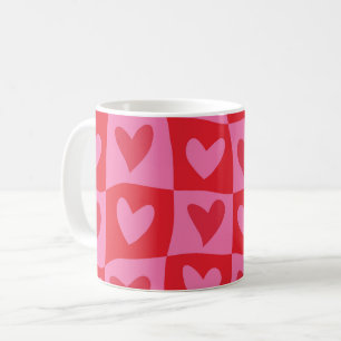 Geruite Vervormde Roze en Rode Harten Patroon Koffiemok