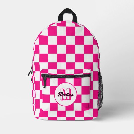 Geruite vierkanten heet roze wit geometrie Monogra Bedrukte Rugzak (Voorkant)