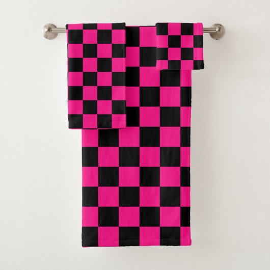 Geruite vierkanten heet roze zwart geometrische re bad handdoek (Insitu)