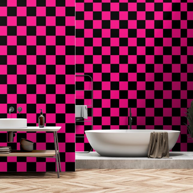 Geruite vierkanten heet roze zwart geometrische re behang (Badkamer)