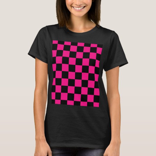 Geruite vierkanten heet roze zwart geometrische re t-shirt (Voorkant)