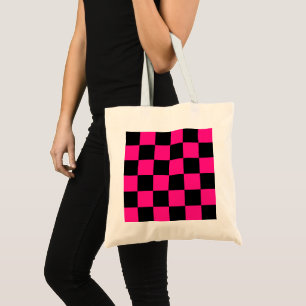 Geruite vierkanten heet roze zwart geometrische re tote bag