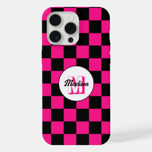 Geruite vierkanten heet roze zwart retro Monogram iPhone 15 Pro Max Hoesje