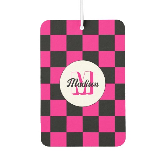 Geruite vierkanten heet roze zwart retro Monogram Luchtverfrisser (Voorkant)