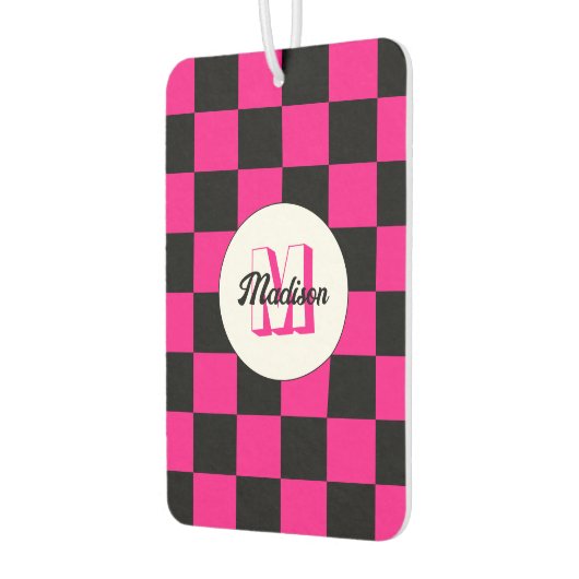 Geruite vierkanten heet roze zwart retro Monogram Luchtverfrisser (Links)