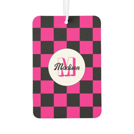 Geruite vierkanten heet roze zwart retro Monogram Luchtverfrisser (Achterkant)