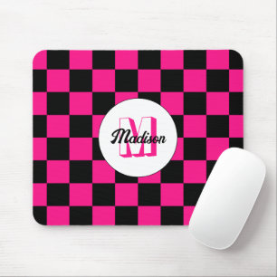 Geruite vierkanten heet roze zwart retro Monogram Muismat