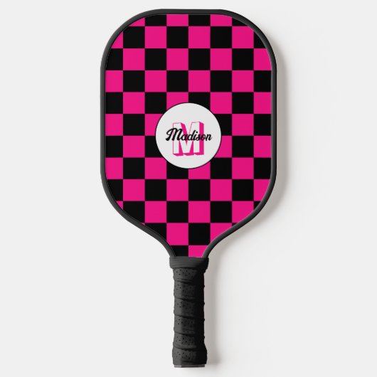 Geruite vierkanten heet roze zwart retro Monogram Pickleball Paddle (Voorkant)