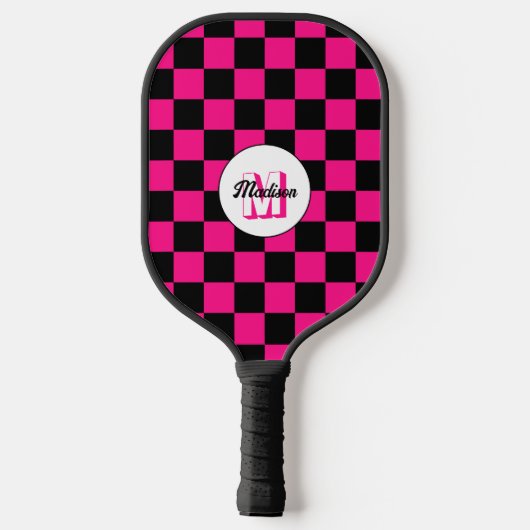Geruite vierkanten heet roze zwart retro Monogram Pickleball Paddle (Achterkant)