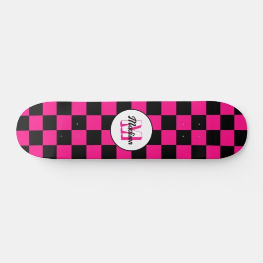 Geruite vierkanten heet roze zwart retro Monogram Skateboard (Horizontaal)